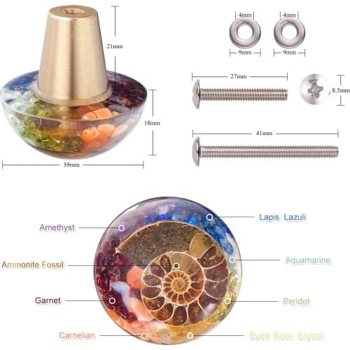 Pack of 2 Ammonite Fossil Colorful Chakra Stones Resin Crystal Drawer Knobs Pull Handle Cupboard Dresser Door Pull with Screws H