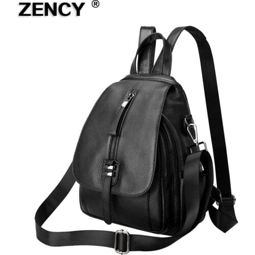 ZENCY Classic 100% Genuine Cow Leather Backpack For Women Lady Girl Soft Real Top Grade Cowhide Book Bag Style Knapsack Purses