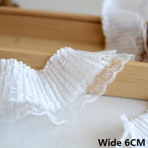 6CM Wide White Double Mesh Agaric Pleated Lace Cuffs Collar Ruffle Trim Embroidery Dress Guipure Sewing Ribbon Stitched Decor