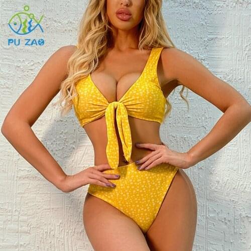 Daisy Colour Bow Womens Swimsuits Set Solid Color Print Spots Backless Knotted Swimwear High Waist Sexy Two-piece Mini Bikini