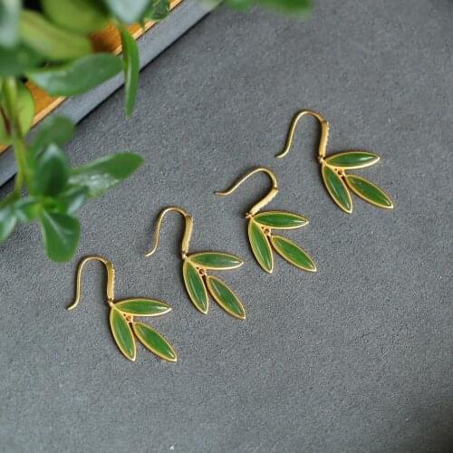 Designer original natural Hetian jade bamboo leaf turquoise earrings Chinese style classical elegant ladies silver jewelry
