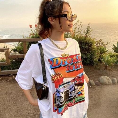 T Shirts for Women O-Neck Loose Oversized Cotton Fashion Girls album Streetwear top Contrast Color Large Pattern vintage clothes