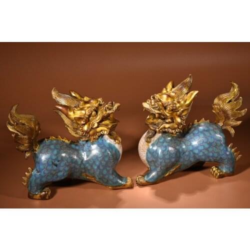 9"Chinese temple collection Old Bronze Gilt Cloisonne Enamel Unicorn statue Kirin A pair Ornaments Town House Exorcism
