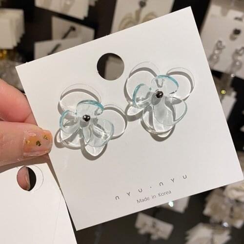 Korean Vintage Earrings Transparent Three-Dimensional Flowers S925 Studs Fashion Simple Vacation Earrings