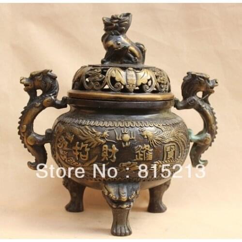 Bi00139 9" Chinese Dynasty Palace Bronze Dragon phoenix Lion Incenser Burner Censer