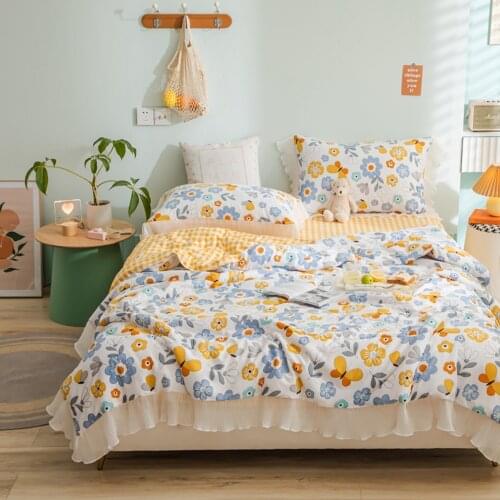 Summer Soft Breathable 100% Cotton Quilt Princess Lace Comforter Flowers Print throw Duvet Washed Cotton Throw Blanket Bedding