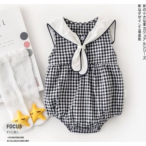 Summer Baby Girl Clothes Newborn Black and White Plaid Sleeveless Bow Tie Shawl Bodysuit Sunsuit Jumpsuit Toddler Casual Clothes