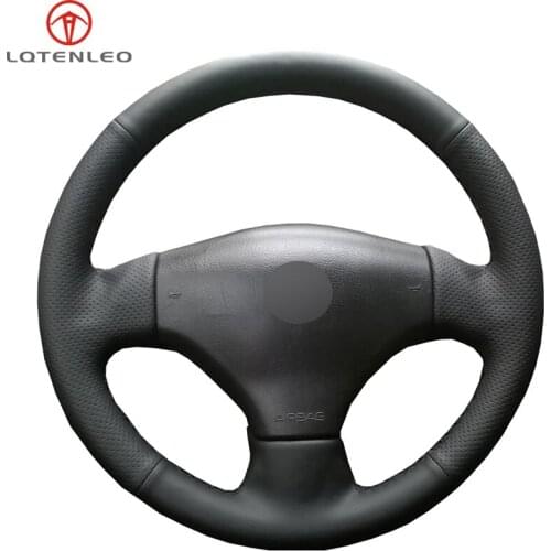 LQTENLEO Black Genuine Leather Hand Sew Car Steering Wheel Cover For Peugeot 206 2003-2006