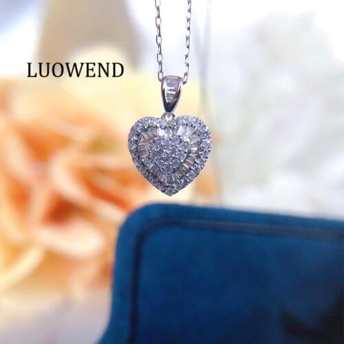 LUOWEND Real 18K White Gold Pendant Necklace Natural Diamond Necklace Proposal Birthday Gift Halo Heart Design Pendant
