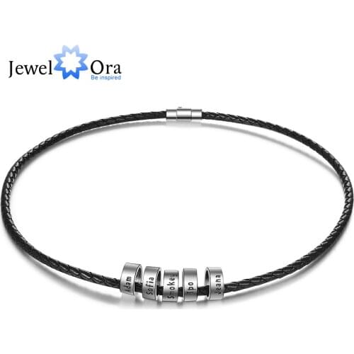 JewelOra Personalized Men Leather Necklaces with Beads Custom 2-5 Names Rope Chain Necklaces for Men Jewelry Gift for Boyfriend
