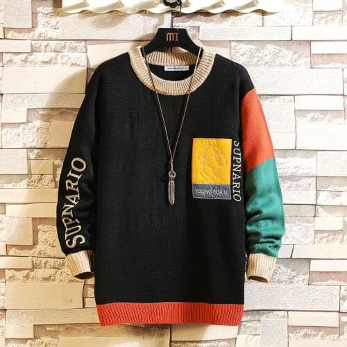 2021 New Sweaters Mens Black Patchwork Long Sleeves Autumn Winter Pullover Knitted O-Neck Plus 5XL mens oversized sweater