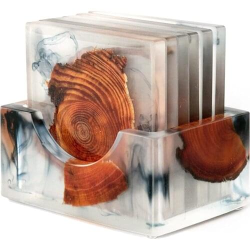 Wooden Coasters Set Of 6 - Square Resin Coasters With Holders,Non-Slip Insulation Coaster
