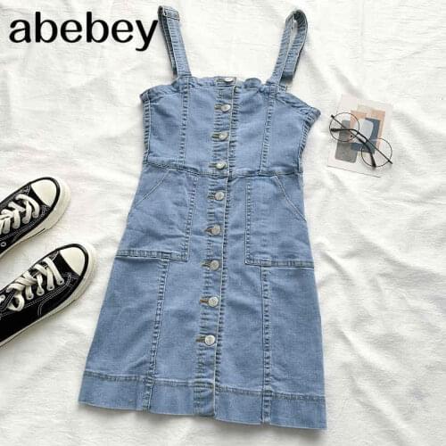 2021 New Spring Summer Women Fashion All-match denim sling Dress single breasted slim short Dress