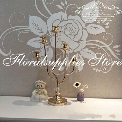 New Arrival Elegant Antique 5 Arm Candlestick Metal Gold Candelabra Crystal Pendant Home/hotel Decoration