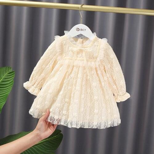 Autumn Girl Dress New Lace Embroidery Children Clothing Kids Princess Dress Beige 1-5Y