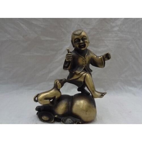 Song voge gem S3021 Folk Chinese Bronze Run Dog Happy Kid Child On YuanBao Gourd Statue Sculpture