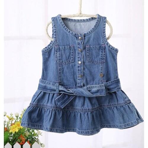 Baby girls dress kids clothes baby girls clothes children clothing girl dressesblue denim kids girls dress waistband belt
