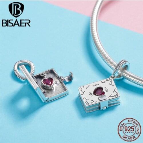 BISAER 925 Sterling Silver Love Heart Box Charms Forever Love Book Beads fit Bracelets Silver Beads for Jewelry Making ECC980