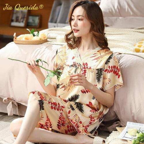 Luxury Pijamas Women Summer Cool Satin Sleepwear Lace Trim V Neck Elegant Floral Printiing Quater Length Pajama Set Big Size 5xl