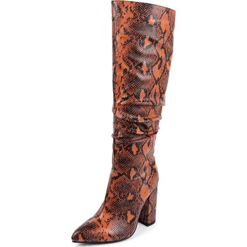 Snake Print Thick Heel Pleated Thick Heel Knee-Length Boots Super High Heel PU Wine Red Pointed Flower Snake Print Boots Animal
