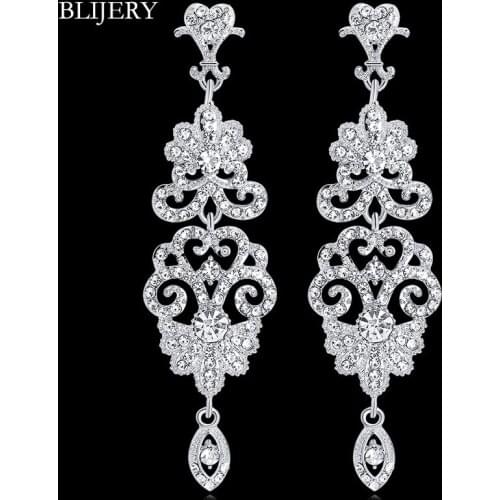 BLIJERY Luxury Chandelier Earrings for Women Silver Color Rhinestone Crystal Floral Bridal Long Earrings Bridal Wedding Jewelry