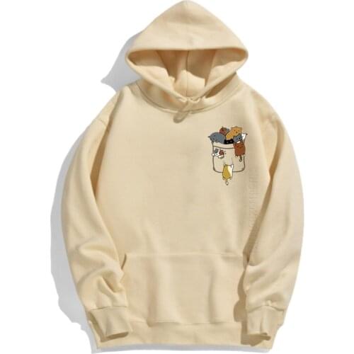 Cute Cloth Bag Cat Male Hoody Funny Action Cartoon Printed Mens Hoodies Retro Punk Pullover Vintage Clothes Mens Hooded Tops