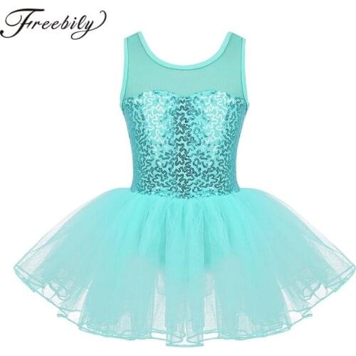 Kids Sleeveless Stretch Mesh Splice Sequins Tutu Ballet Figure Skating Dress Gymnastics Leotard Girls Performance Dance Costume