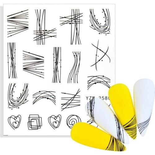 Black Geometric Lines Nail Water Stickers Spring Simple Flower Leaves Decals Slider DIY Nail Art Decoration Watermark Tattoos