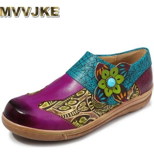 MVVJKE 2020 New Spring / Fall Handmade Retro Loafers Women Genuine Leather Round Toe Appliques Soft Sole Women Flat Shoes