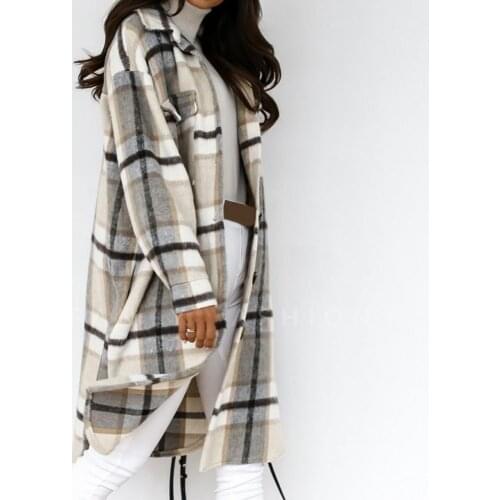 Women Autumn Winter Plaid Buttons Long Sleeve Lapel Jacket Knee-length Overcoat Single-Breasted All-match Long Shirt Coat тренч