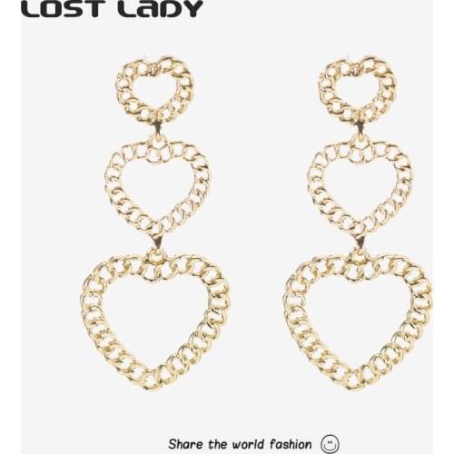 Lost Lady New Arrival Hollow Geometric Heart Long Earrings Gold Color Rectangle Chain Earrings For Women Fashion Jewelry Gifts