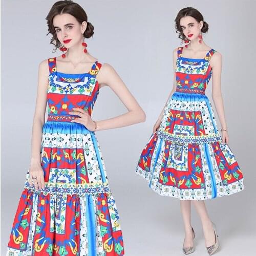 Summer Runway Vintage Print Square Neck Spaghetti Straps Sleeveless Empire Waist Women Ladies Party Casual Beach Midi Sundress
