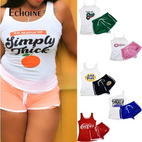Echoine Summer Women Fashion letter print tracksuit Two Piece Set tshirts Camisole +Shorts club Cute Sexy Bodycon Shorts outfits