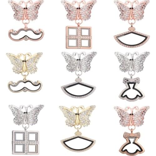 10Pcs Rhinestone Funny Mustache and Square Pendant Locket With Butterfly Brooch Pins Women Aromatherapy Wedding Gift Jewelry