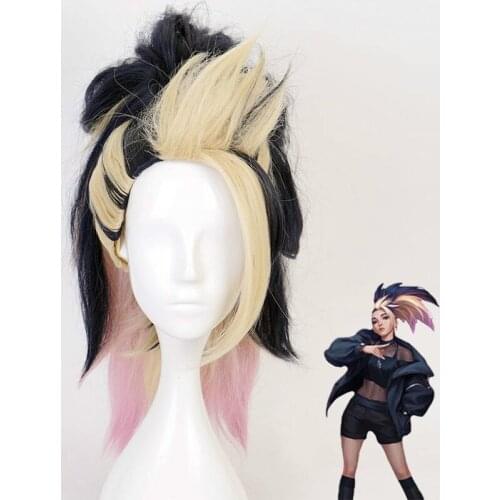 50cm Game LOL KDA Akali Cosplay Wigs Halloween Women Girls League of Legends Akali Wig Mixed Color Ponytail Long Hair C55M33