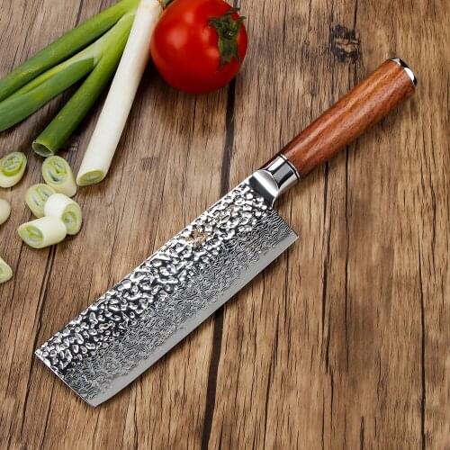BIGSUNNY 6.8" Nakiri Knife, Damascus Steel, Hammered Finish, Rose Wood Handle, Vegetable Knife for Home Kitchen or Restaurant