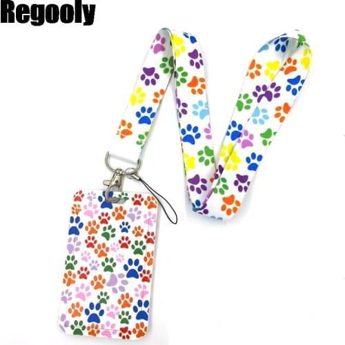 Colorful Dog Paws Lanyard Credit Card ID Holder Bag Student Women Travel Card Cover Badge Car Keychain Gifts Accessories