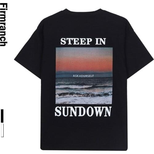 Firmranch Tees For Men/Women Ins Retro Seaside Sundown Print Black Short Sleeve White BF Style Causal European T-shirt