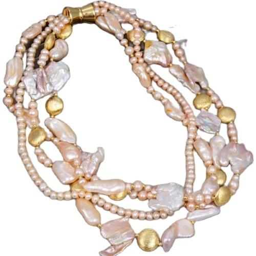 GG Jewelry 20" 4 Strands Pink Keshi Pearl Biwa Baroque Pearl Gold Color Plated Coin Necklace For Women