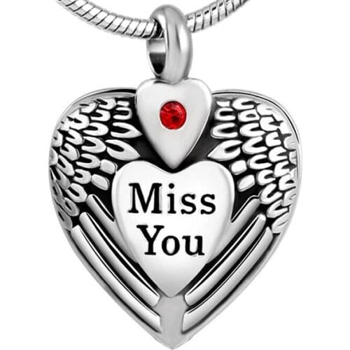 IJD8469 Miss You Wings Heart Cremation Urn Necklace for Pet Stainless Steel Keepsake Memorial Ashes Holder Cremation Pendants