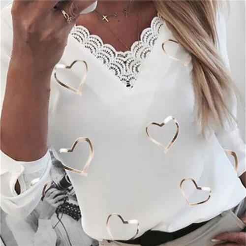 Lace Elegant Blouses Office Women Hearts Print Blouses V-neck Lace Patchwork Long Sleeve Shirts Top Blouses Женские Вещи