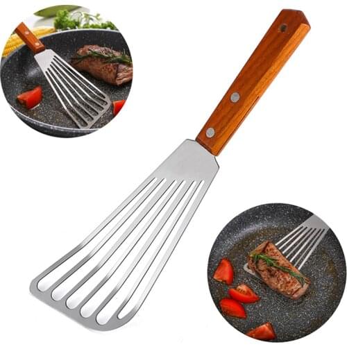 Stainless steel frying spatula Slotted Turner Fish Spatula With Wooden Handle Kitchen Accessories Used to Make Delicious Food