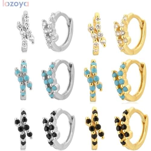 Lozoya 925 Sterling Silver Clear Crystal Ohrringe Pendiente CZ Circle Small Huggies Hoops Piercing Loops Round Cross Love Jewel