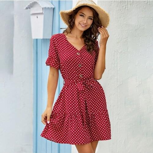 Fashion Sexy V Neck Dress 2021 Summer Women Casual Polka Dot Short Sleeve Ruffles Lace Up Button Party Sweet Dresses For Femme