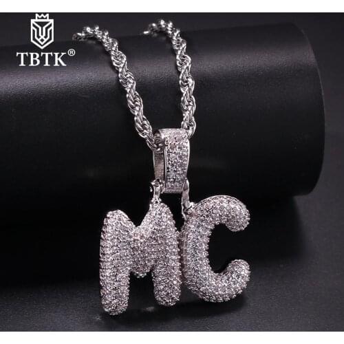 TBTK Sale Custom Mini Bubble Letter Alphabet Crystal Pendant Hollow With 4mm Tennis Chain Necklace Gold for Man Trendy Jewelry