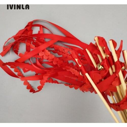 Newest 30pcs/lot red heart wedding ribbon wands with gold bell for wedding decoration