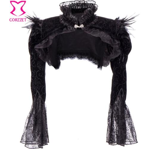 Victorian Black Flannel Feather Jacket Sexy Long Sleeve Ruffles Stand Neck Punk Style Gothic Women Short Coat Accessories Corset