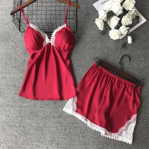Daeyard Silk Pajama Set Women Sexy Lace Trimmed Camisole And Shorts 2 Pieces Leisure Homewear Summer Sleepwear