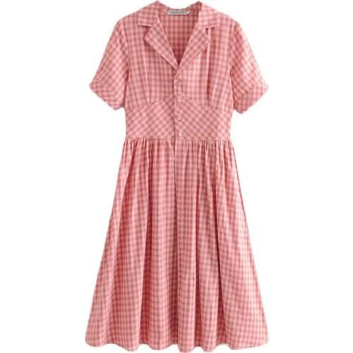 PERHAPS U Red Plaid Dress Vintage Notch Collar Button Short Sleeve Fit And Flare Knee Length Dress D1104