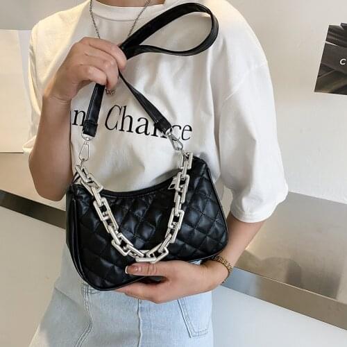 Retro Women Bag Lattice Pattern Underarm Pure Color Chain PU Leather Small Purse Women Vintage Mini Handbag Tote
